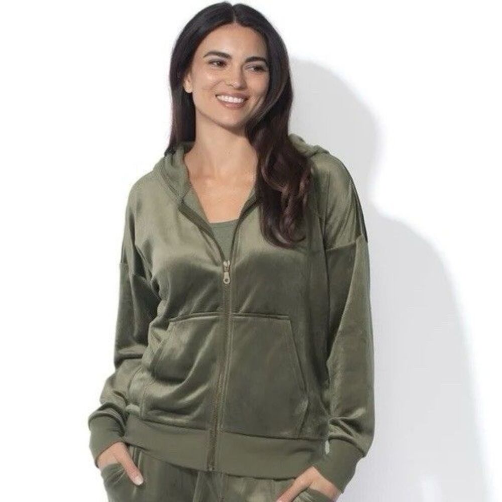 Felina Luxe Velour Full Zip Hoodie Deep Olive Green Size XL